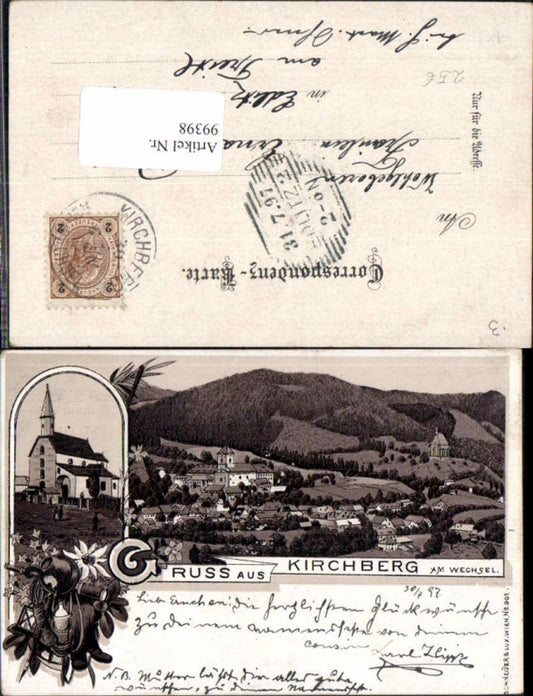 99398,Tolle Litho Gruss aus Kirchberg am Wechsel 1897