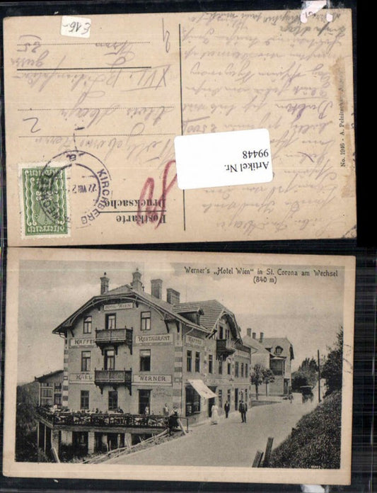 99448,Werner Hotel Wien St Corona am Wechsel 1920
