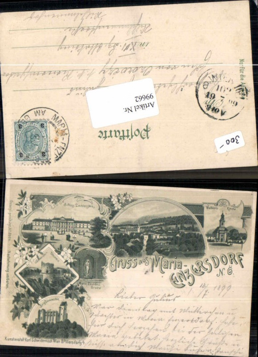 99662, Rare Lithograph Greetings from Maria Enzersdorf, Liechtenstein, Lourdes Grotto