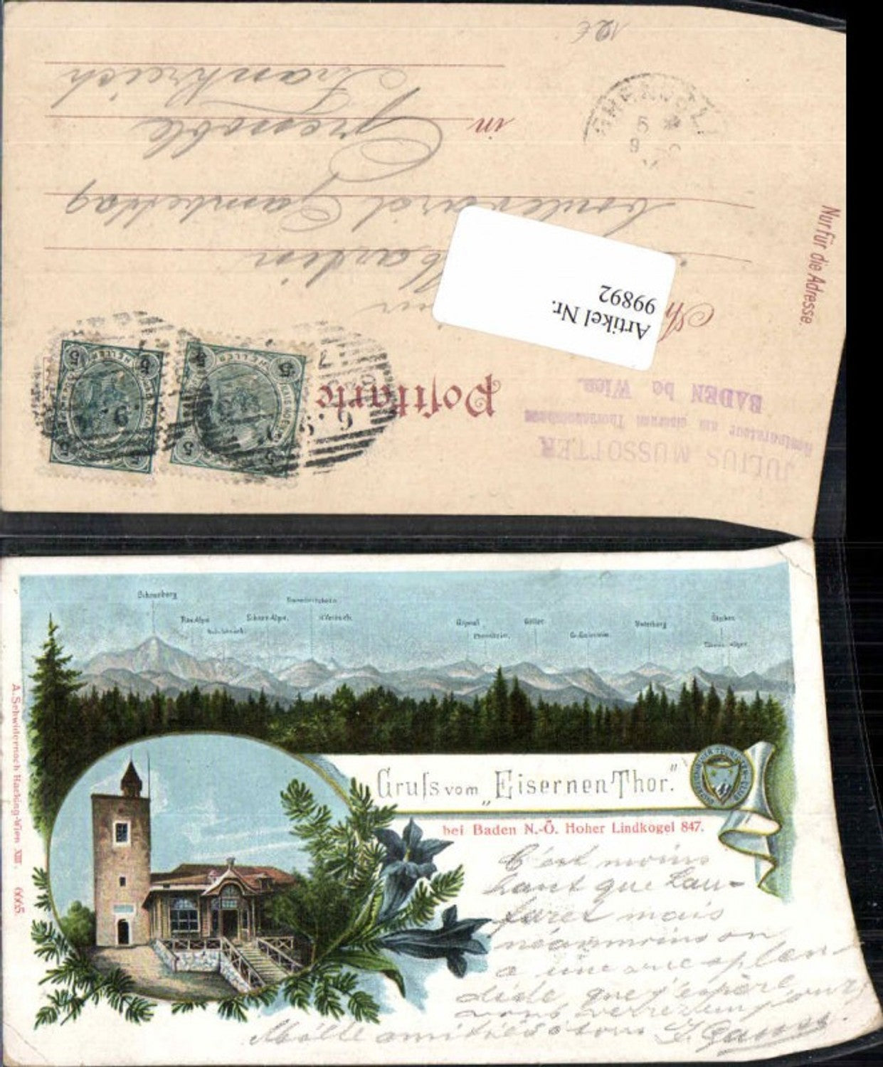 99892,Litho Gruss vom Eisernen Thor b. Baden Lindkogel 1898