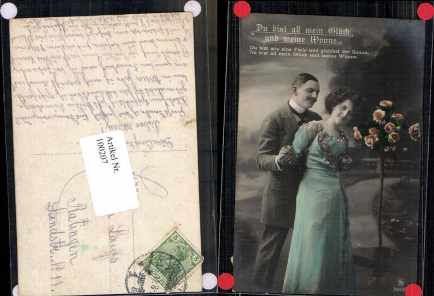 100207,Schöne Frau m. Mann Kleid Rosen coloriert