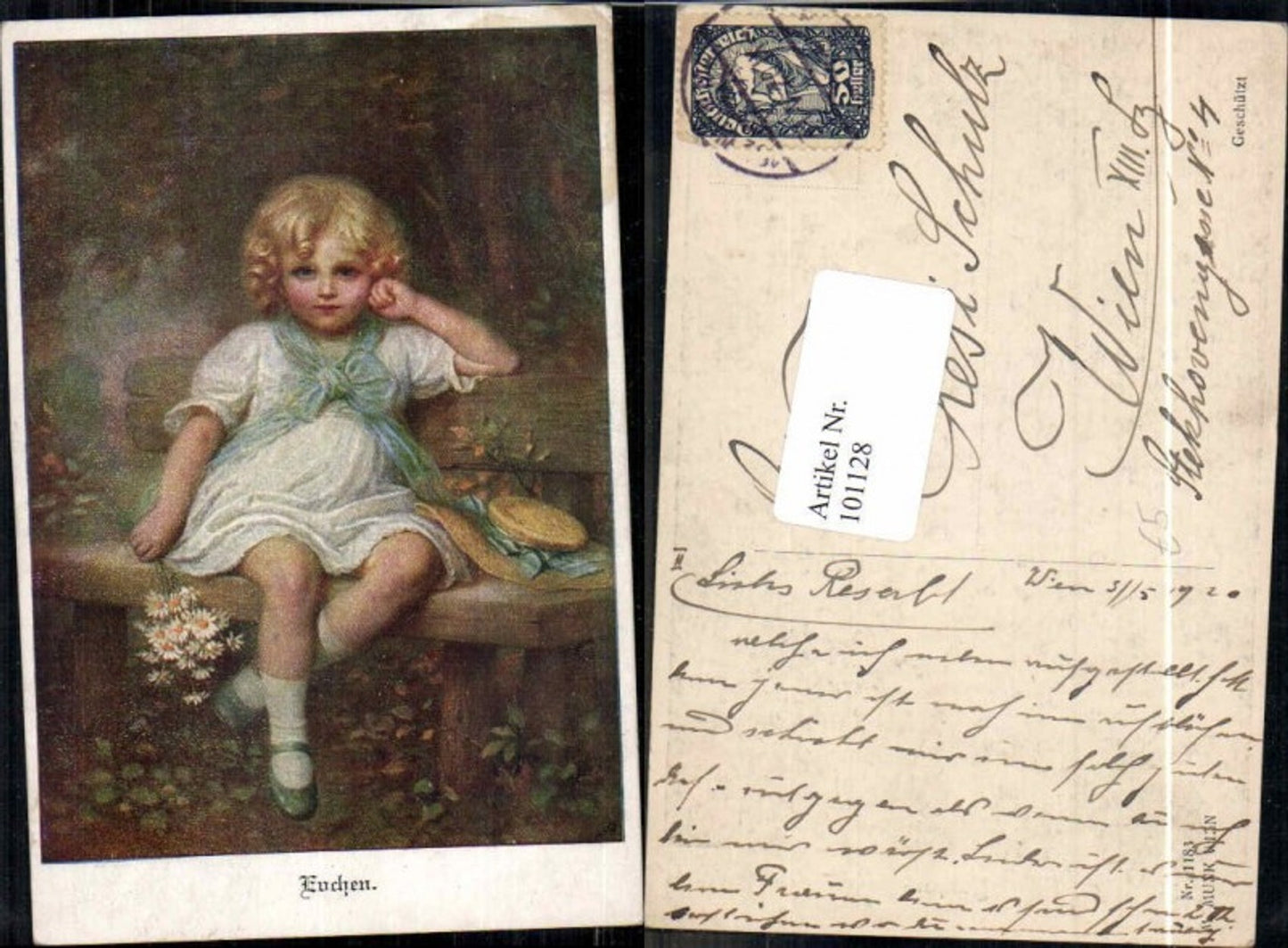 101128,M. Munk Vienne 1183 Mädchen auf Bank m. Hut Blumen