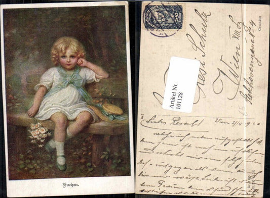 101128,M. Munk Vienne 1183 Mädchen auf Bank m. Hut Blumen