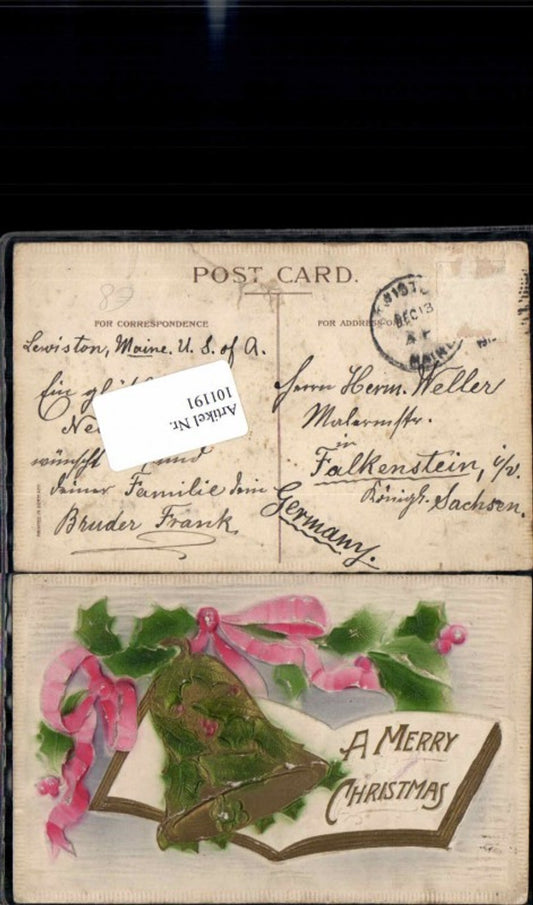 101191, Embosser Lithograph Christmas Bell Relief AK Great