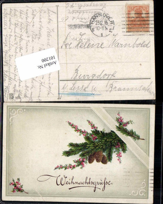 101200, embossed postcard Christmas fir branch pine cone