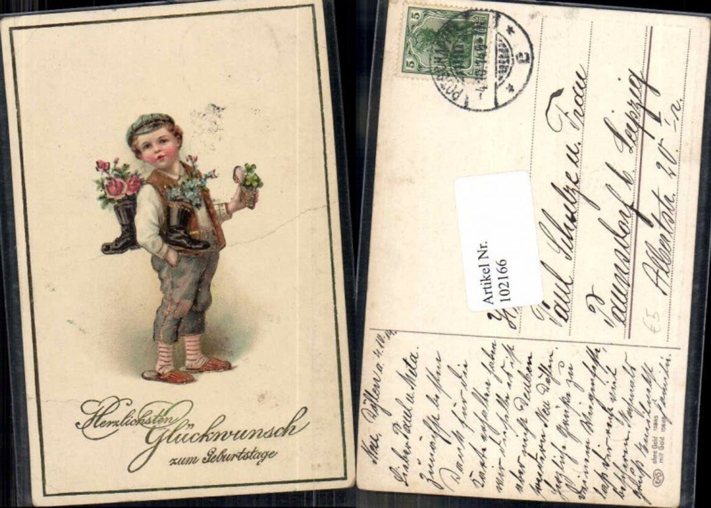 102166,EAS Präge AK Junge Kind m. Stiefel Blumen Klee Gold druck
