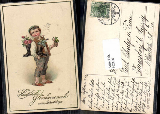 102166,EAS Präge AK Junge Kind m. Stiefel Blumen Klee Gold druck
