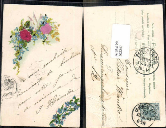 102247,Seiden Applikation Taube Präge AK Litho