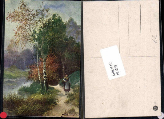102268,L. Schweiger Künstlerkarte Wald Frau Bäume