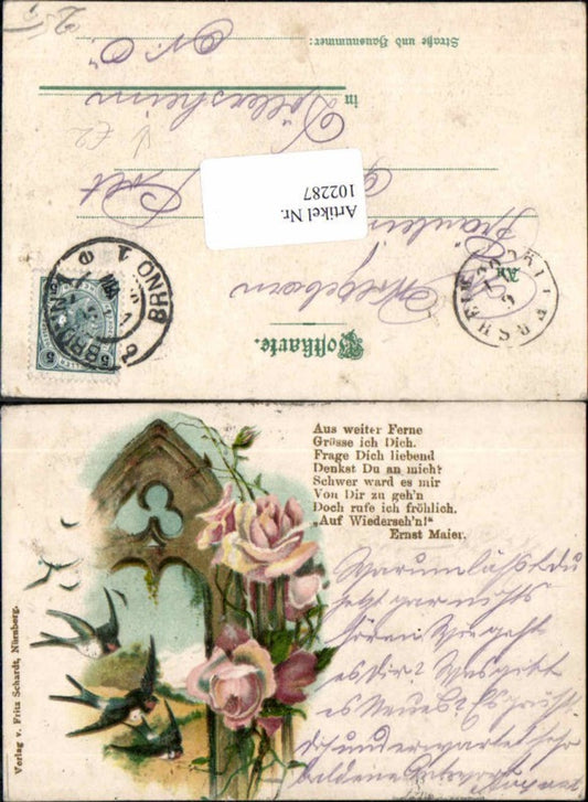 102287, Lithograph Roses Flowers Ernst Maier Saying