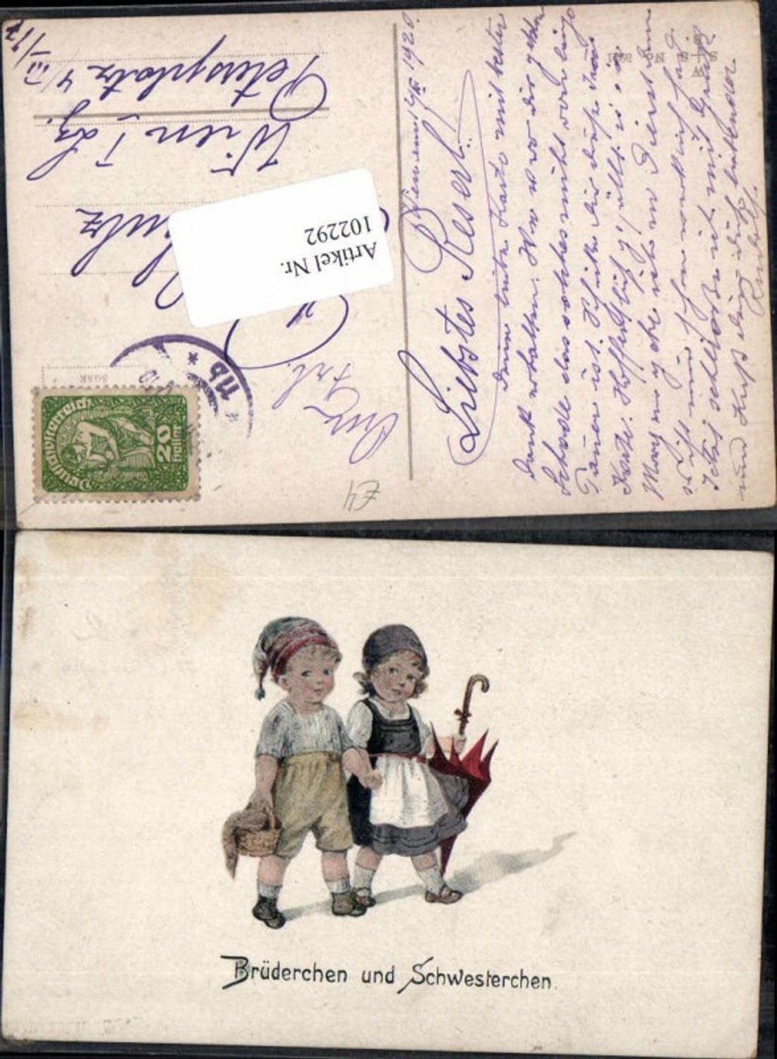 102292,Elly Frank nicht sign. Brüderchen und Schwesterchen Kinder Schirm