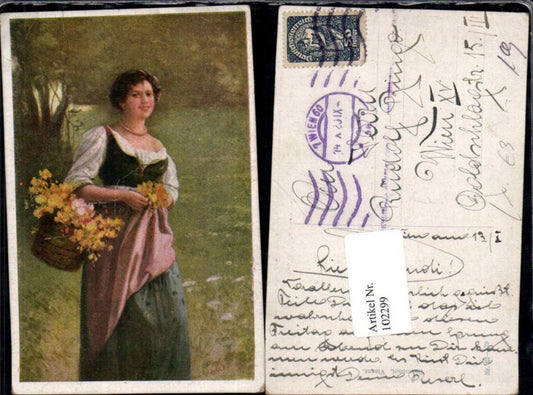 102299, Woman with flowers, flower basket, dress