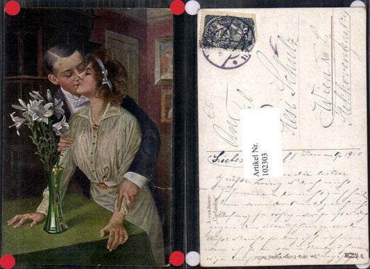 102303,A. von Riesen Found Loving couple Man kisses woman Flowers