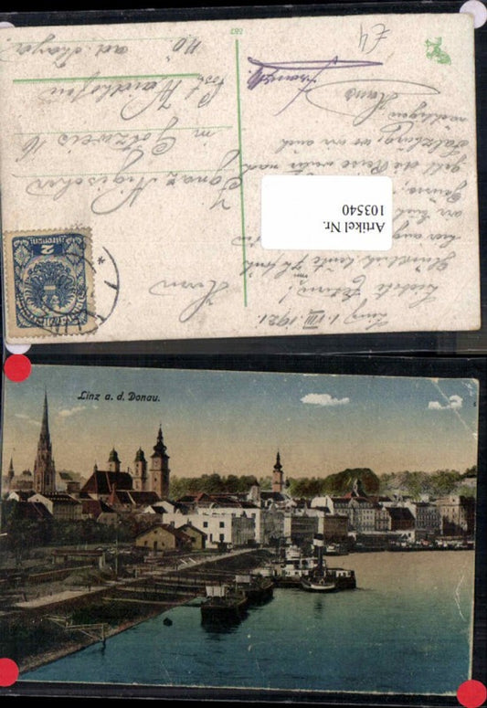 103540,Linz a.d. Donau Hafen m. Schiffe und Häuser 1920