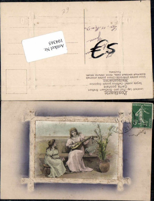 104365,Präge AK Art Nouveau Jugendstil Kind Frau Gitarre
