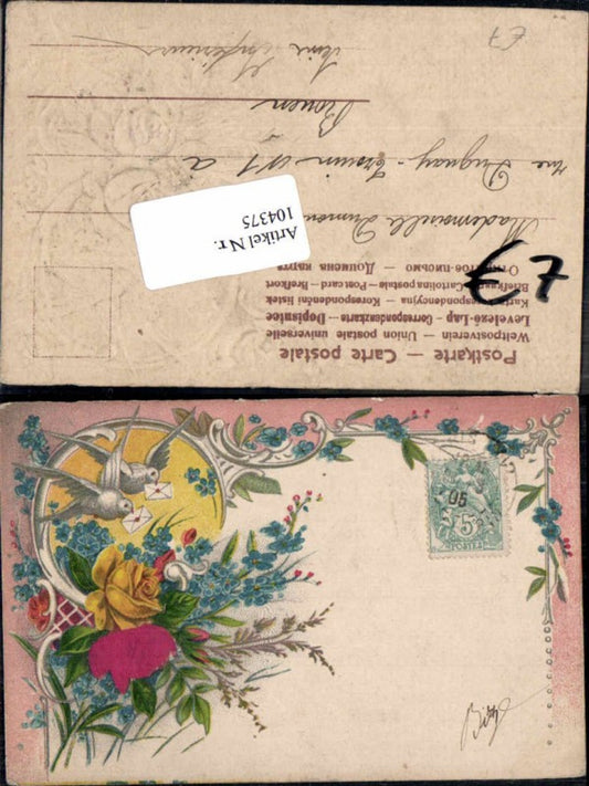 104375,Präge AK Litho Brieftauben Tauben Rose Seiden Applikation Seidenkarte Seide