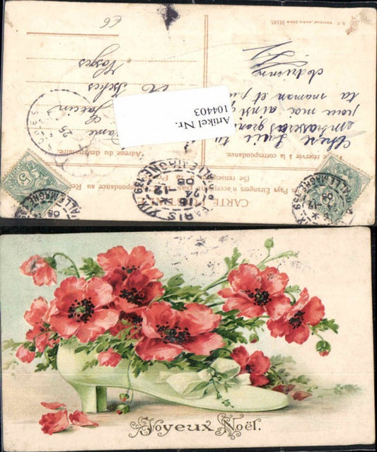 104403,Präge AK Pantoffel Schuh m. Blumen Litho