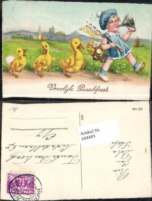 104495,EAS Ostern Süsses Mädchen m. Enten Trichter als Trompete