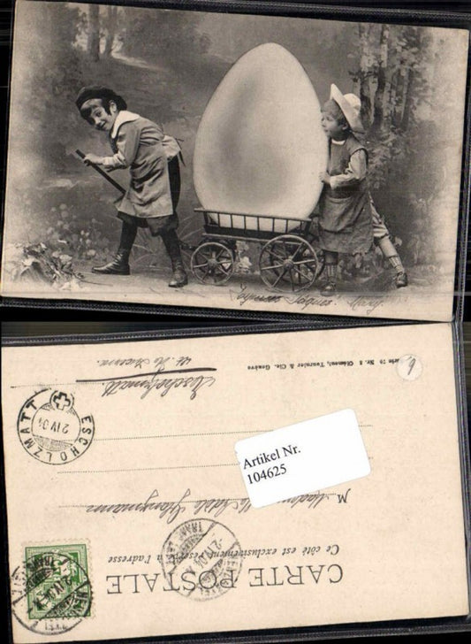 104625,Ostern Kinder m. Riesen Osterei Karren Hut