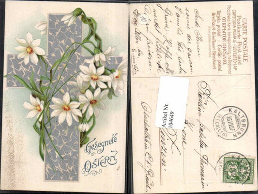 104649,Präge AK Ostern Kreuz umrankelt von Blumen