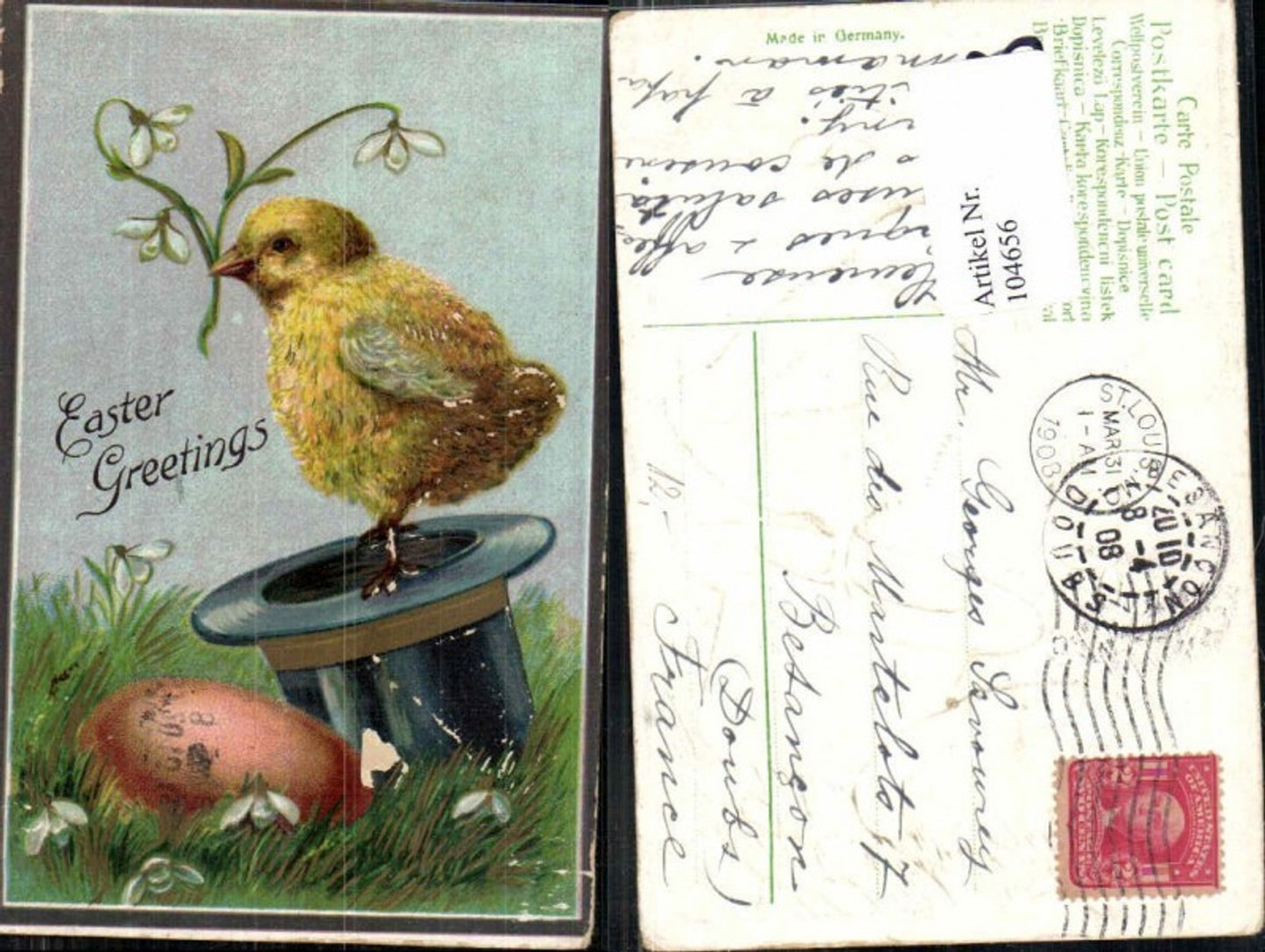 104656,Präge Ostern Küken sitzt auf Hut Zylinder Osterei Blumen