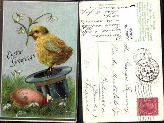 104656,Präge Ostern Küken sitzt auf Hut Zylinder Osterei Blumen
