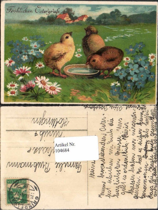 104684,Ostern Küken trinken Wasser Wiese Blumen