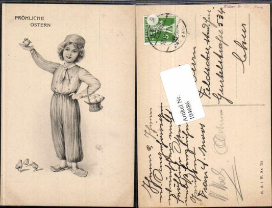 104686,Ostern Küken m. Kind Ostereier Art Nouveau