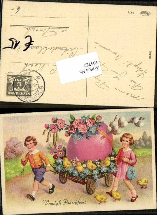 104722,Ostern Süsse Kinder m. Küken Osterei Karren