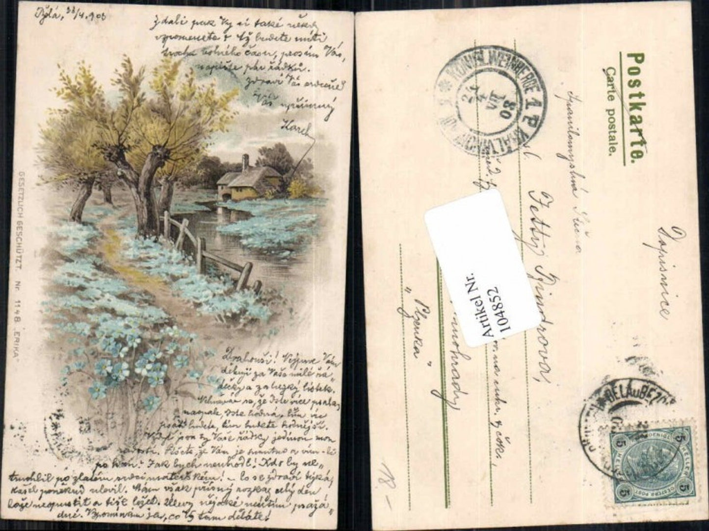 104852, Lithograph Erika No. 1148 Riverbank Stream House Tree