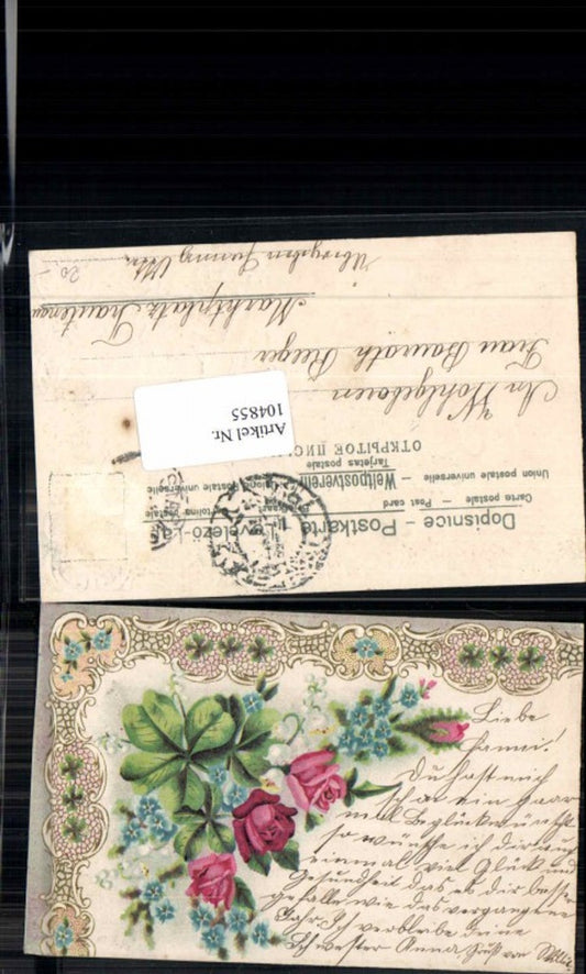 104855,Präge Litho Rosen Blumen Klee Verziert 1905