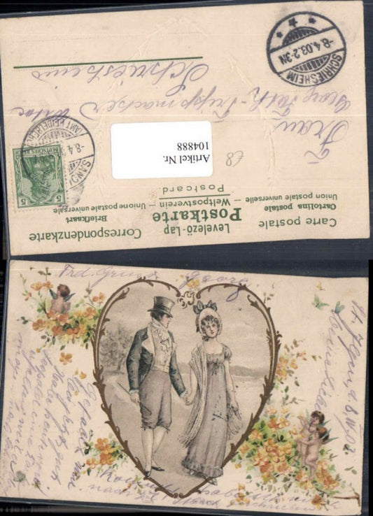 104888,Art Nouveau Frau Mann Herz Kleid Hut 1900 Blumen