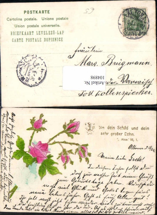 104898,Präge Litho Blumen Rose 1900 Spruch