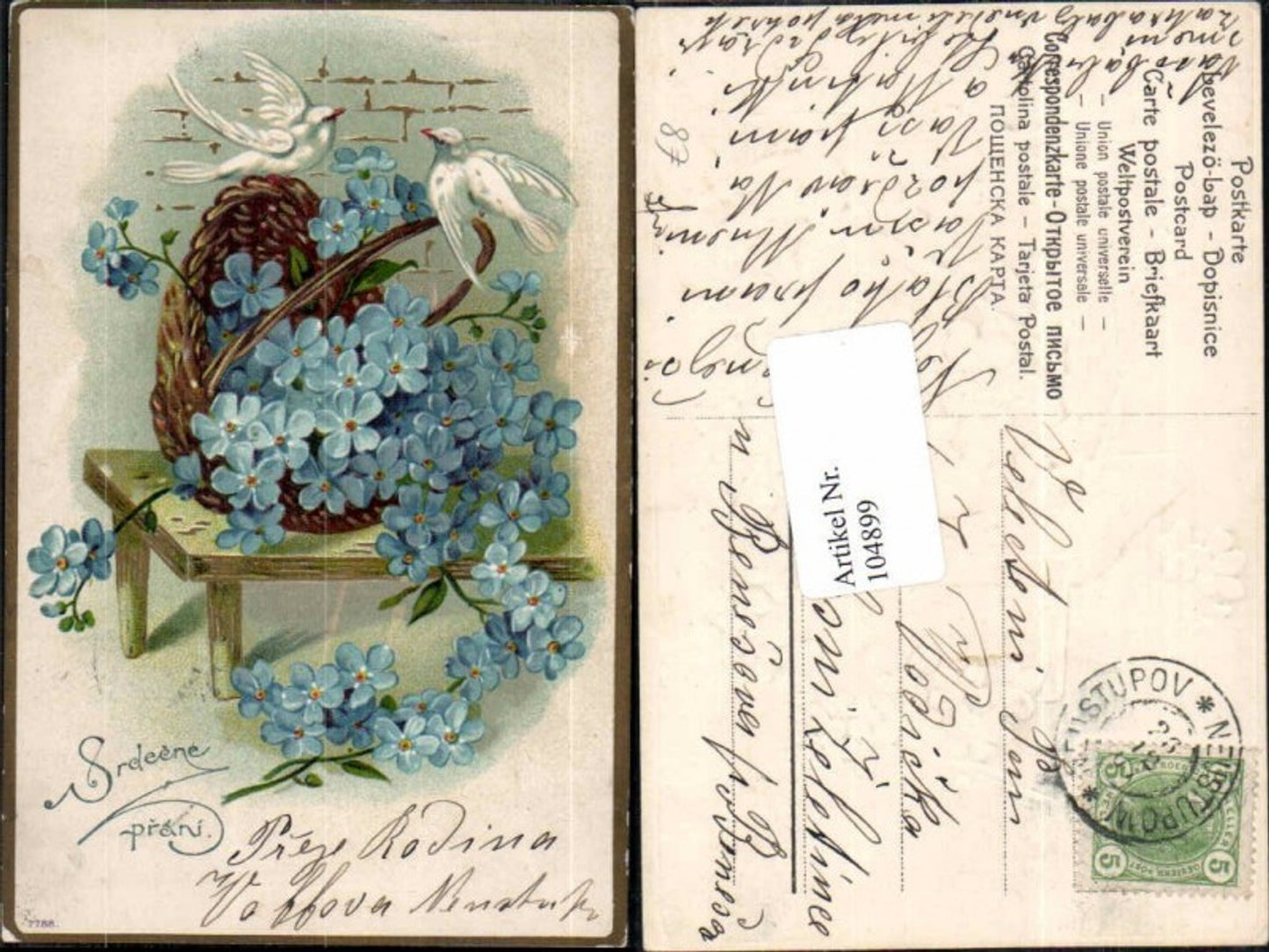 104899,Präge Litho Tauben Vögel Veilchen Vergiss Mein Nicht Korb