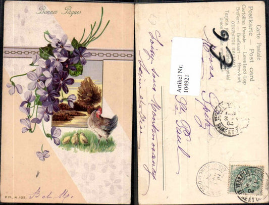 104921,Präge Litho Ostern Küken Huhn Blumen 1904