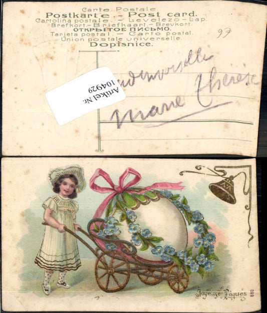 104929,Präge Litho Kind Osterei Karren Glocke Kleid