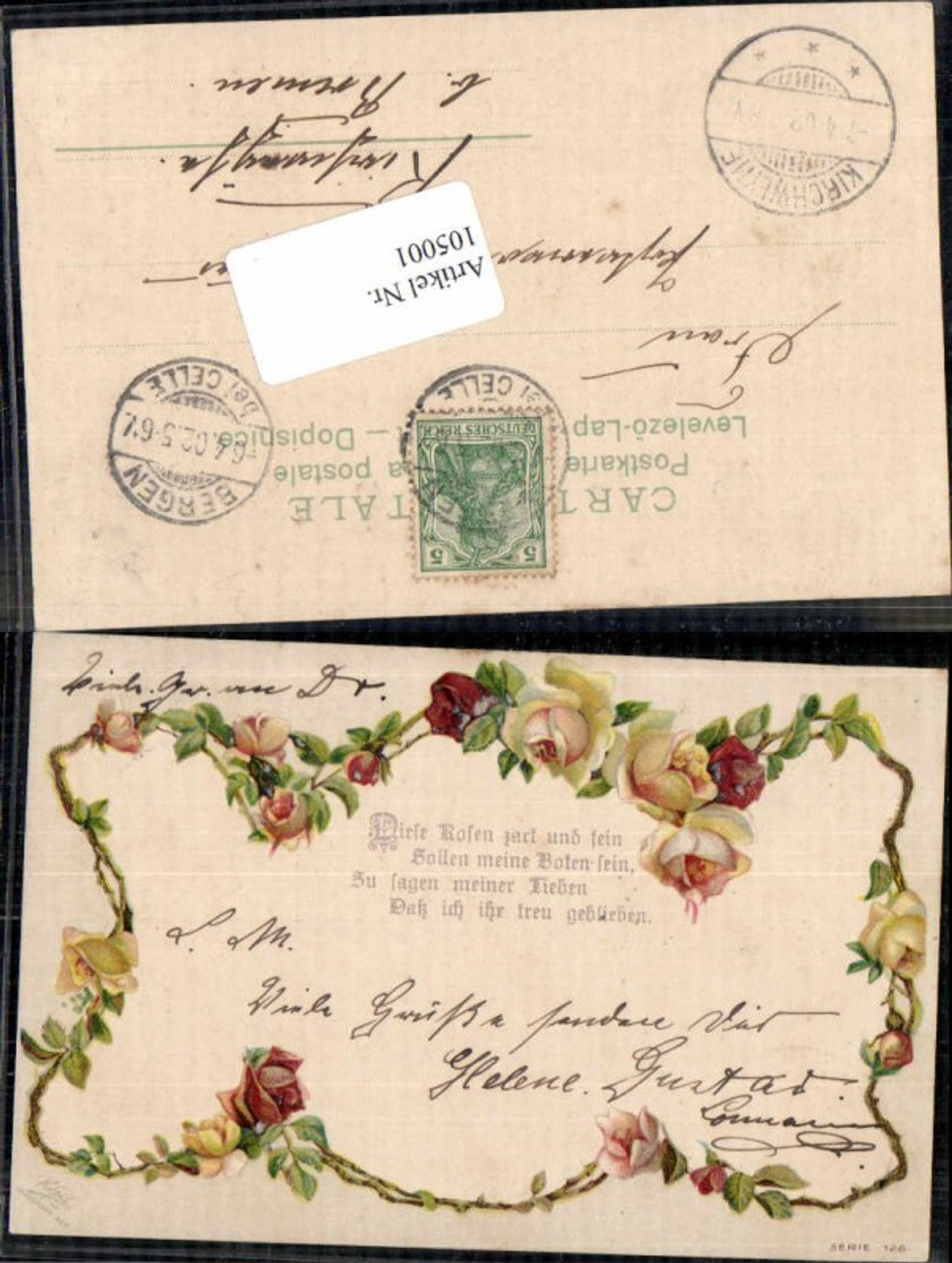 105001,Tolle Litho Schöne Blumen Spruch Rosen Gelb Rot 1900