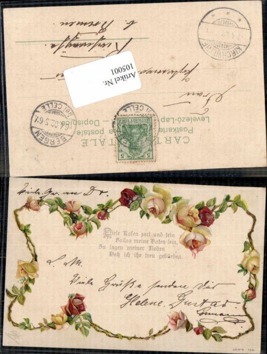 105001, Great lithograph, beautiful flowers, saying, roses, yellow, red, 1900