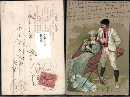105025, Embosser Lithograph Woman Dress Hat Man Lovers