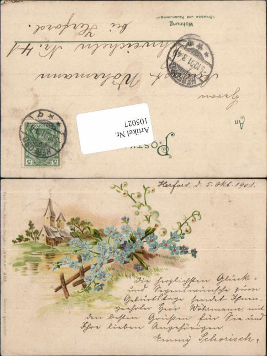 105027, Lithograph Erika No. 205 Flowers Violets Church