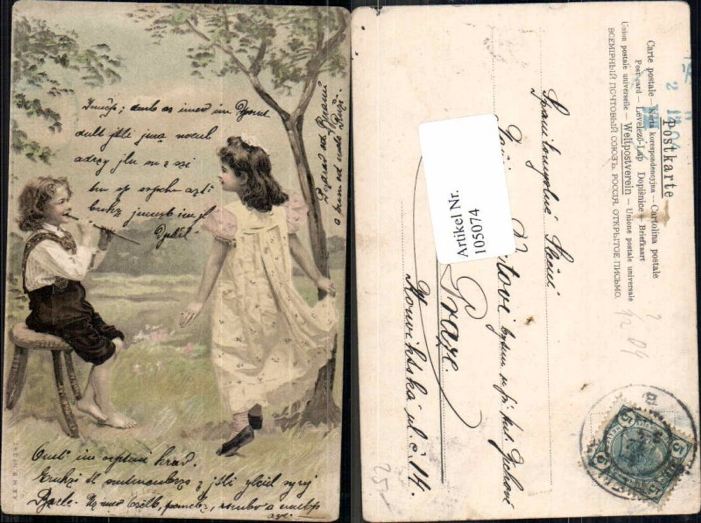 105074,Litho Kinder Flöte Kleid Sessel Stuhl 1900