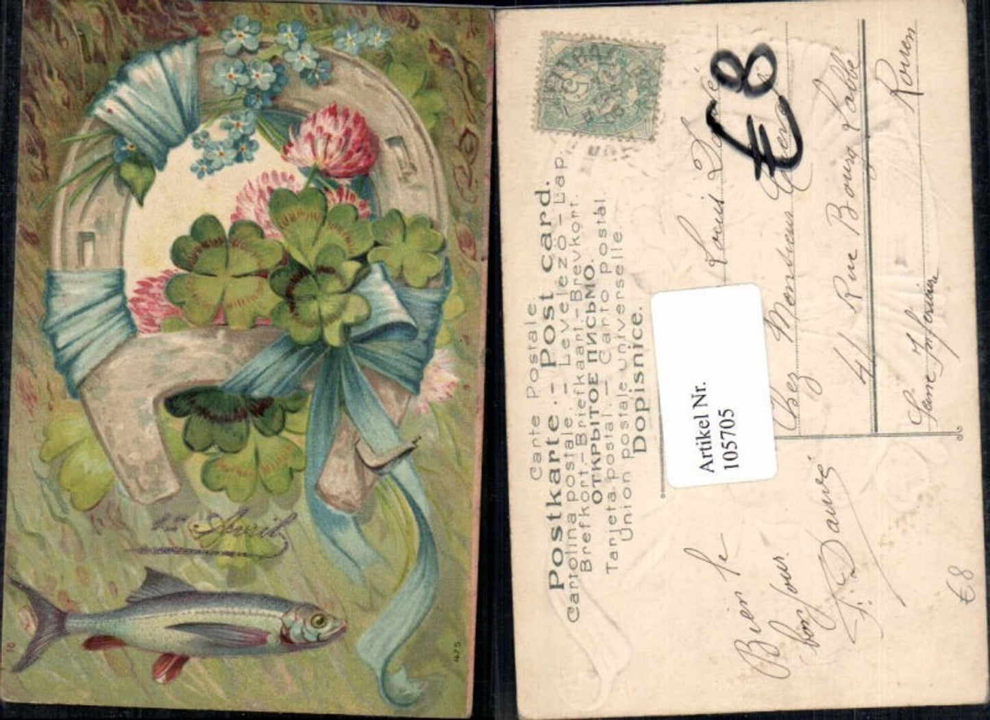 105705,Präge Litho 1. April Fisch Hufeisen Klee Kleeblatt