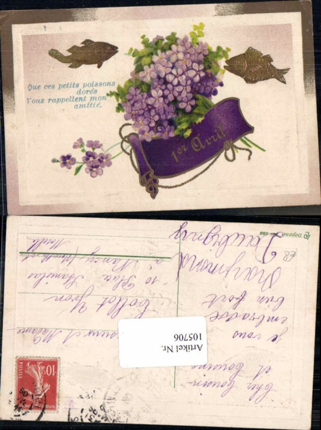 105706,Präge Litho 1. April Fisch Blumen
