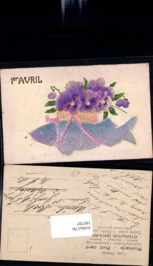 105707,Relief Präge Litho Blumen Fisch 1 April
