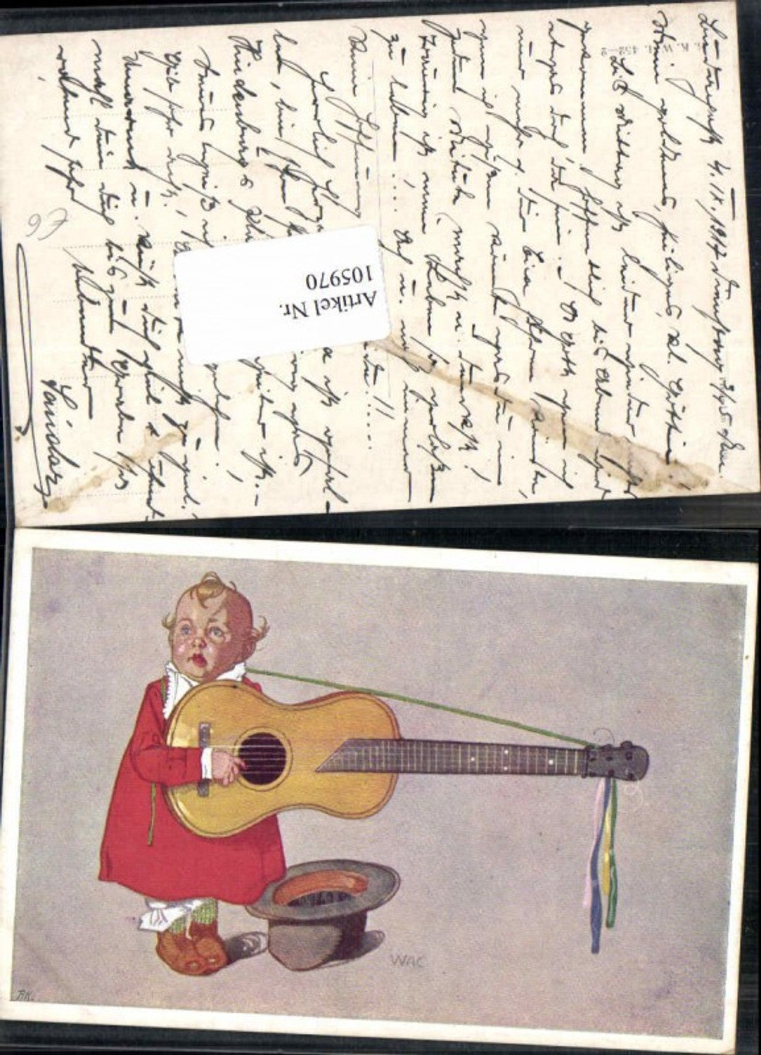 105970,Karikatur Kleines Baby m. Gitarre Hut sign. WAC