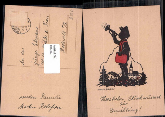 106082,Scherenschnitt Silhouette Briefträger Trompete Post