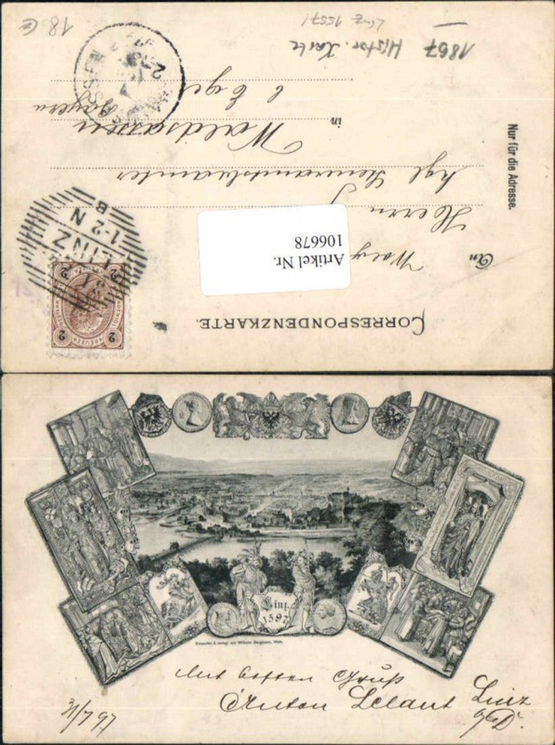 106678,Seltene Karte Linz a.d. Donau anno 1597 Wappen