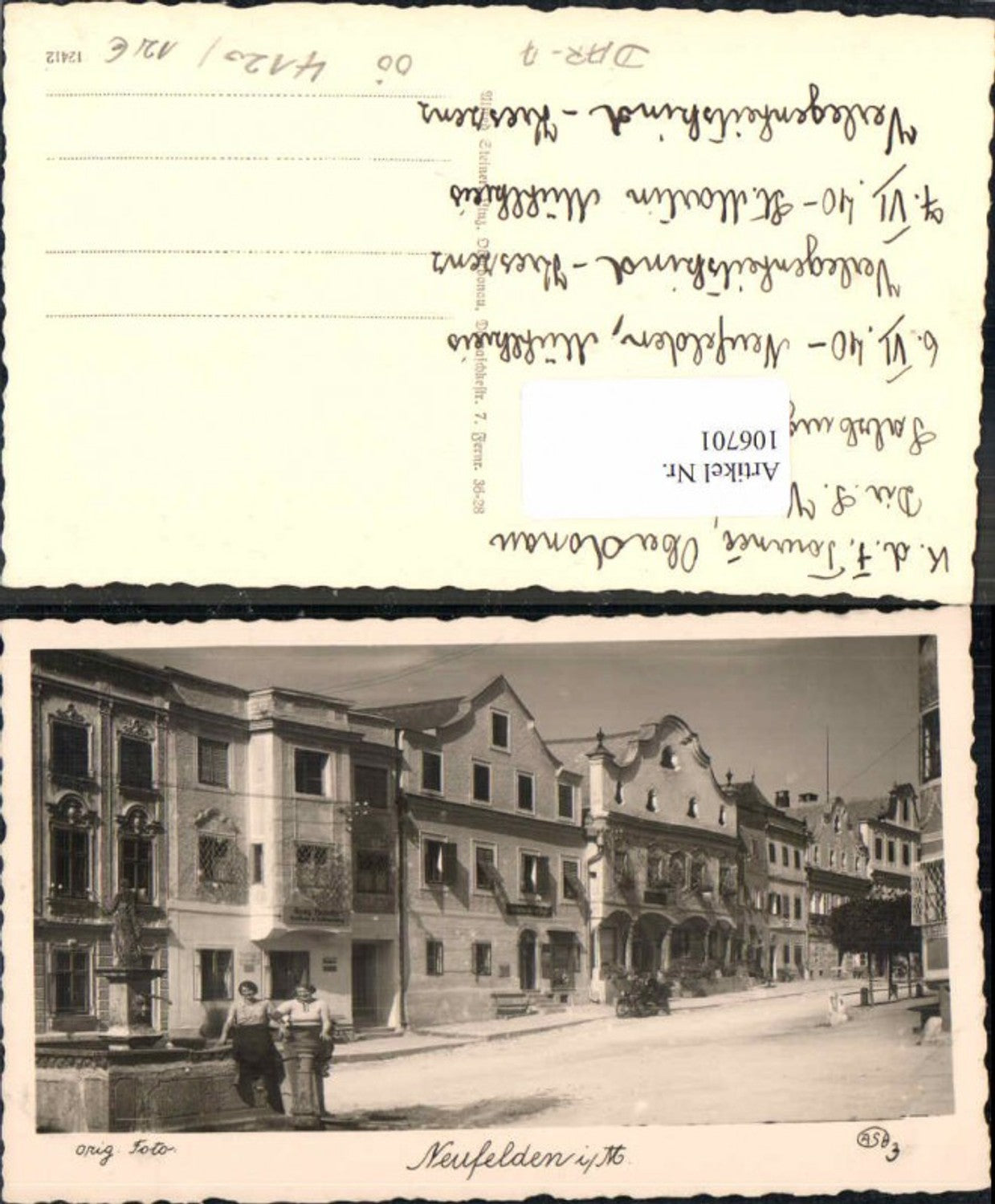106701, Neufelden im Mühlkreis, fountain, photo postcard, people, inn