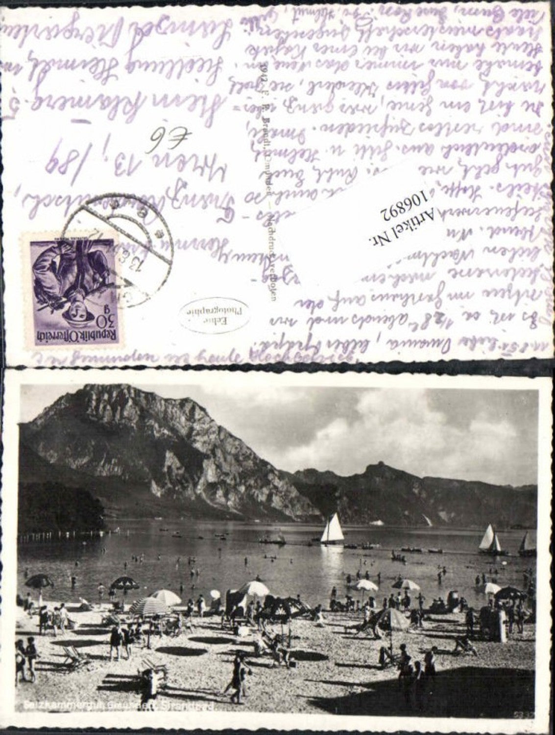 106892,Gmunden Strandbad m. Leuten Traunstein Traunsee Brandt 5332