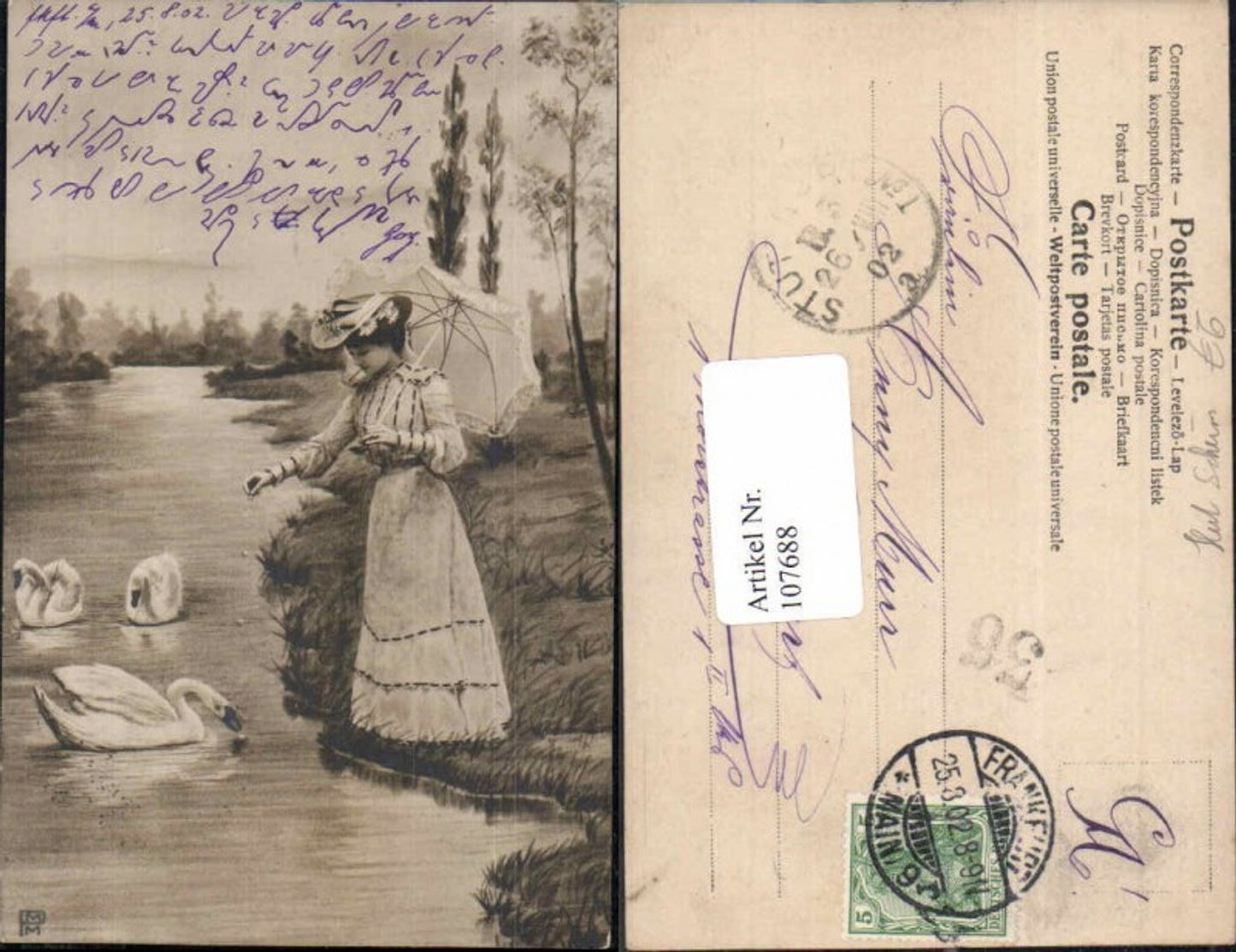 107688,Edwardian Girl Lady Schöne Frau m. Hut Har Schirm Kleid Schwan